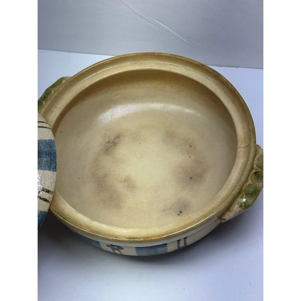 Vintage Japanese Donabe Casserole Pot Blue Striped Earthenware Cookware B-7